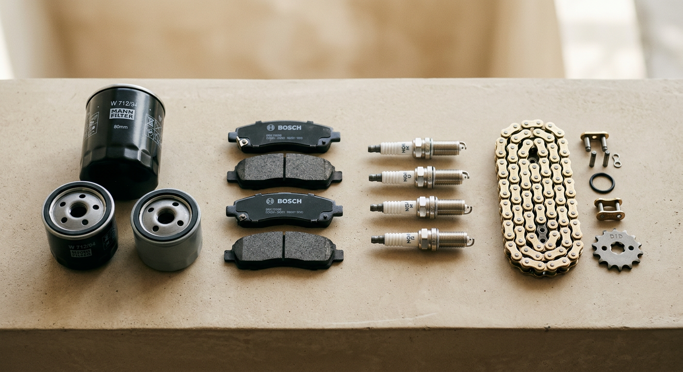 Brake pads, filters and motorcycle components neatly arranged